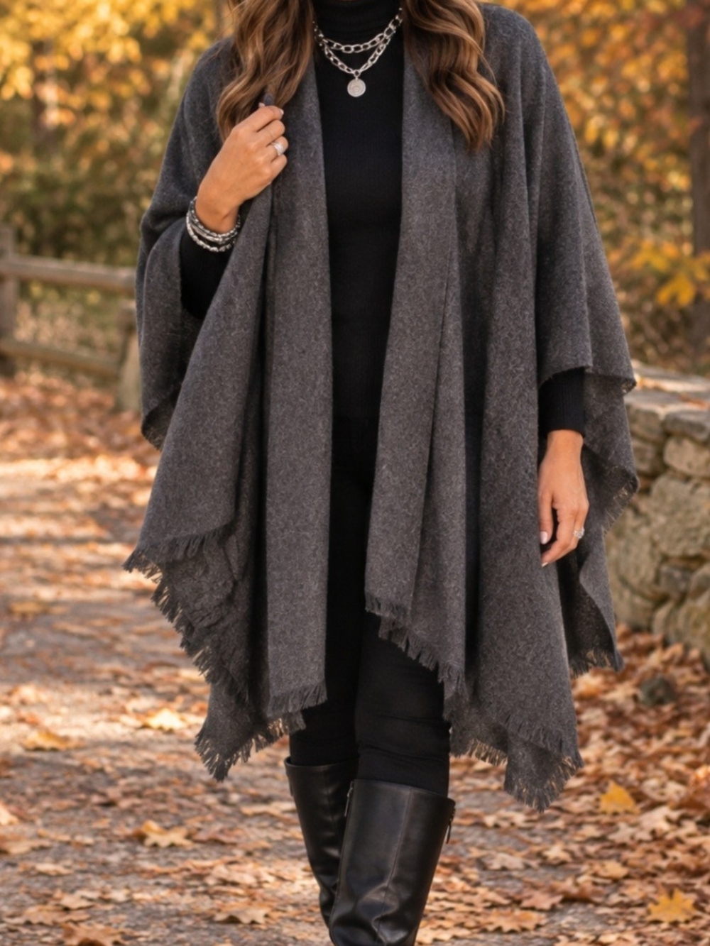 Liz Claiborne NWT Boho Charcoal Gray Fringed Wrap Gypsy Neutral Poncho